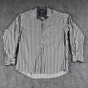 Marcello Sport Mens XL Black White Vertical Stripe Dress Shirt Floral Accent